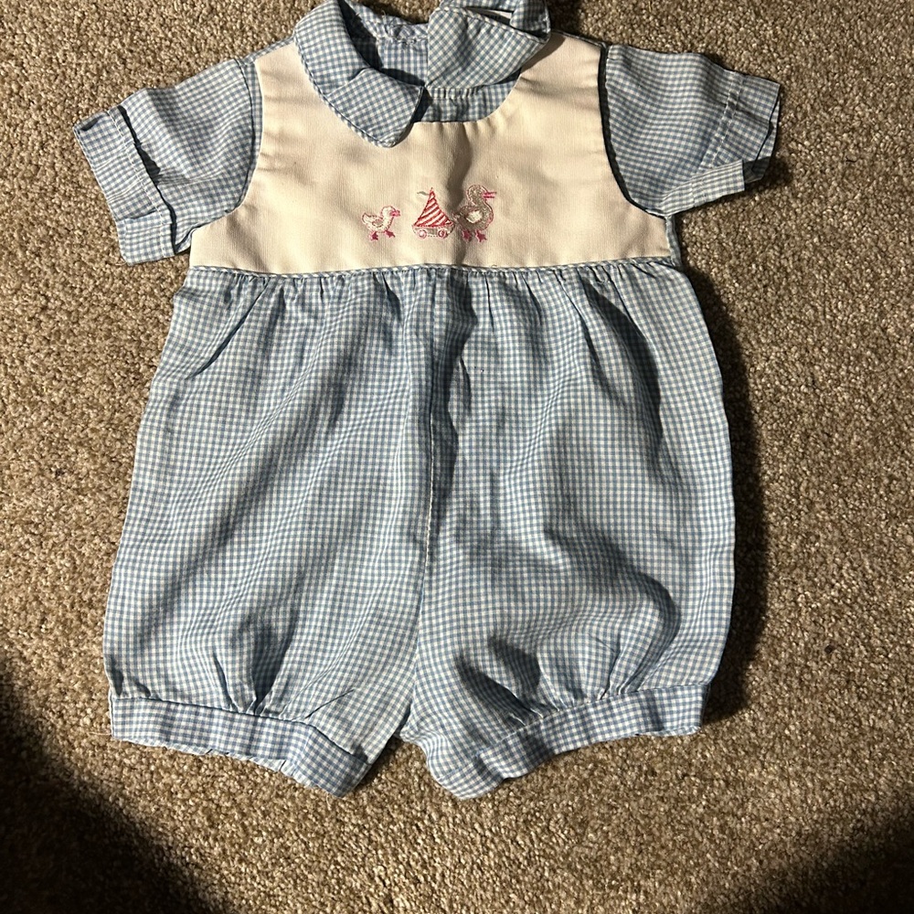 Vintage Unisex Blue and White Gingham Baby Romper